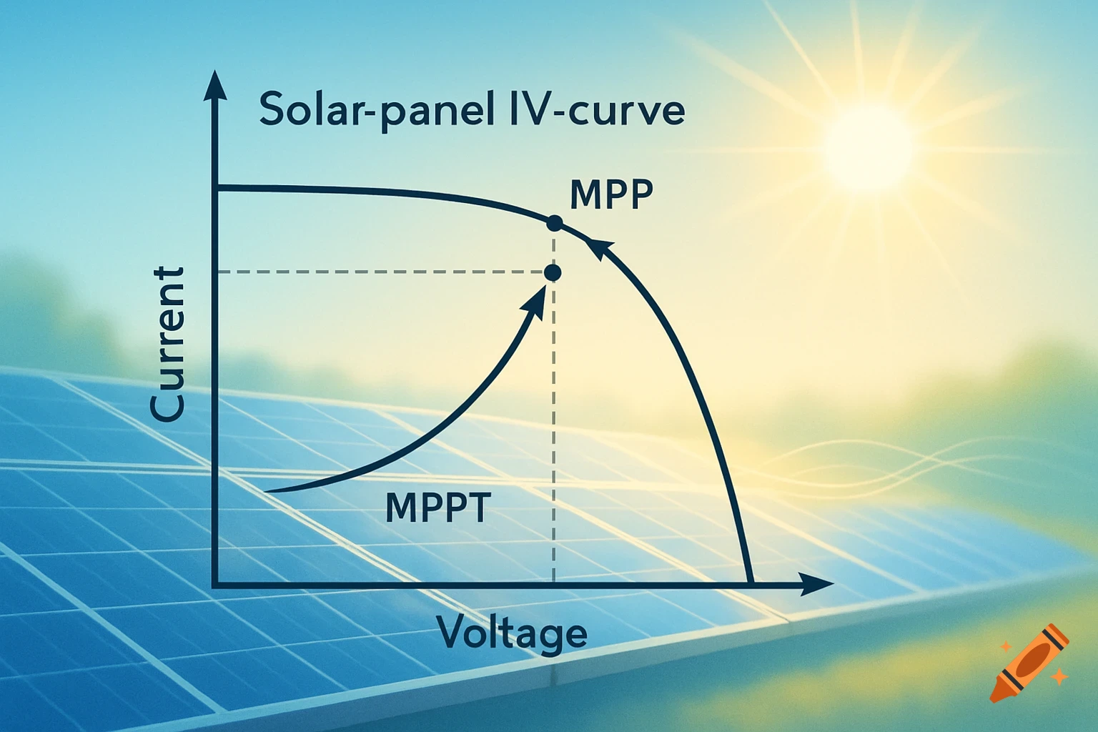 A clear illustration of a solar panel IV-curve graph, labeling Current, Voltage, MPP, and MPPT, with solar panels in the background.