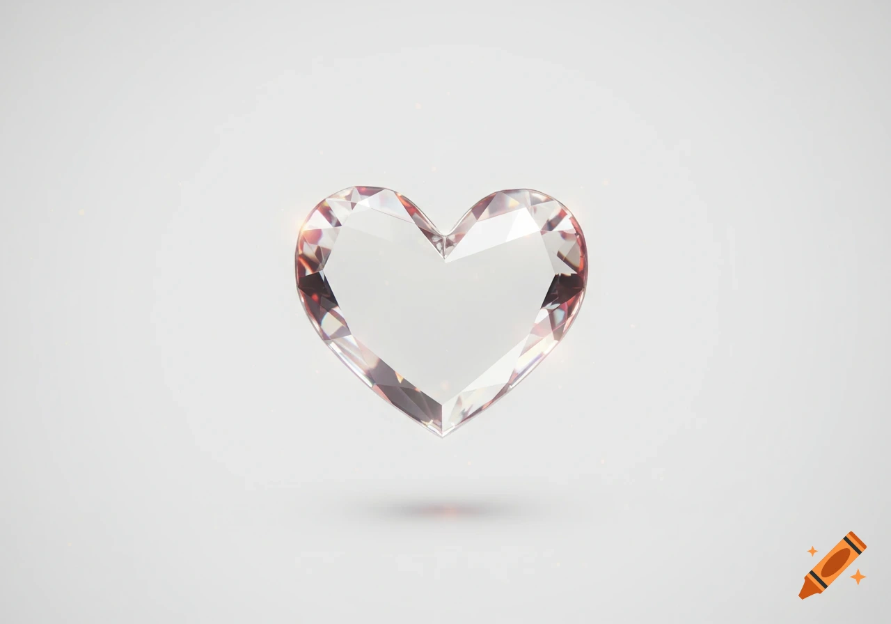 A faceted, sparkling crystal heart floats on a clean white background, reflecting light with subtle hues.