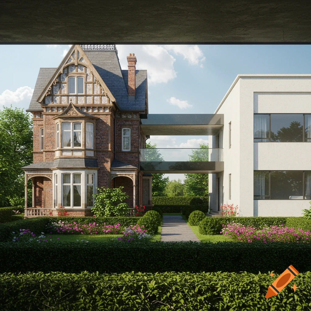 A photorealistic image of a Victorian brick house connected to a modern white building by a glass walkway, surrounded by a lush garden.