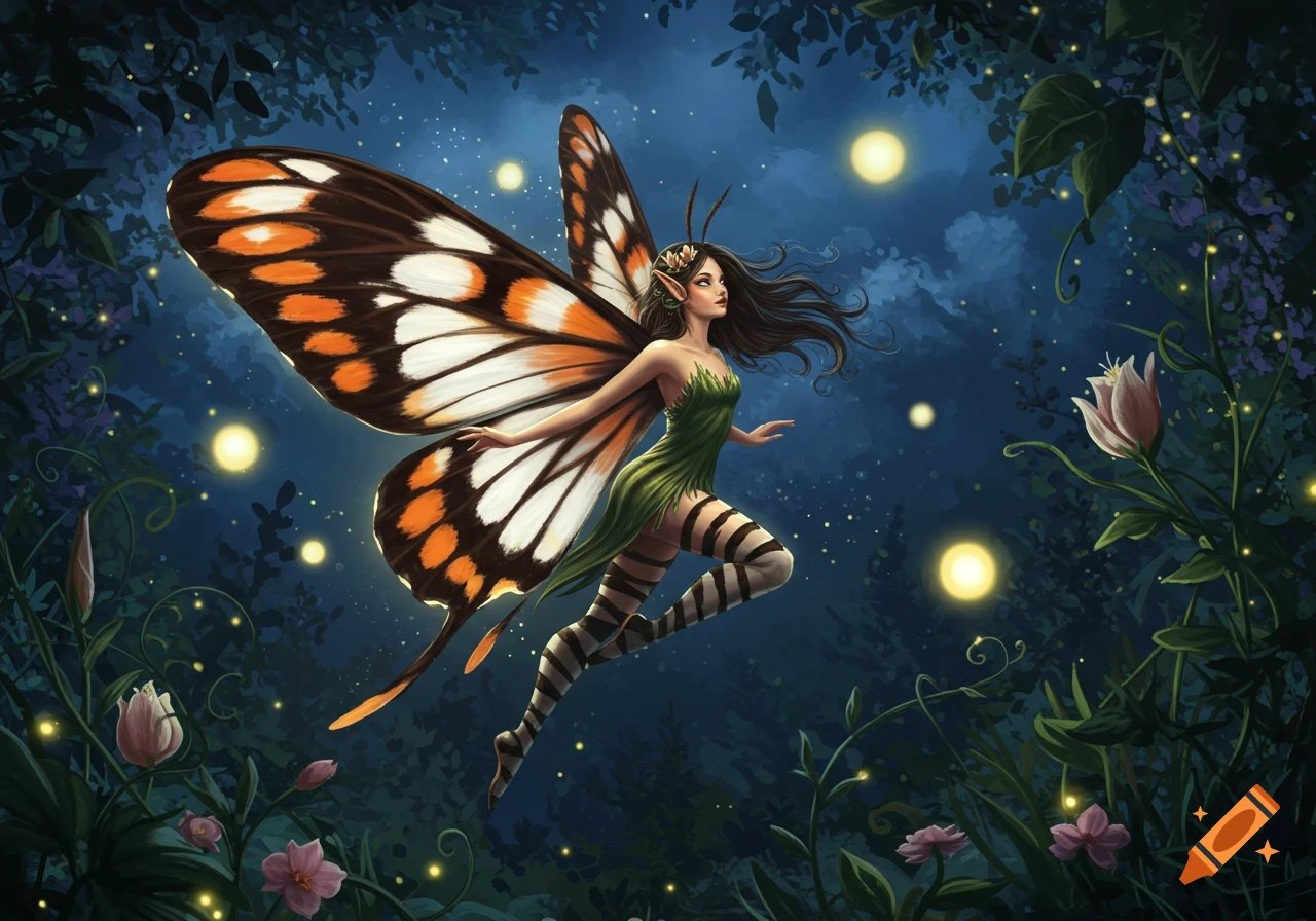 Dark-haired fairy with black, orange, and white moth wings, green dress, and striped stockings floats in a magical night forest.