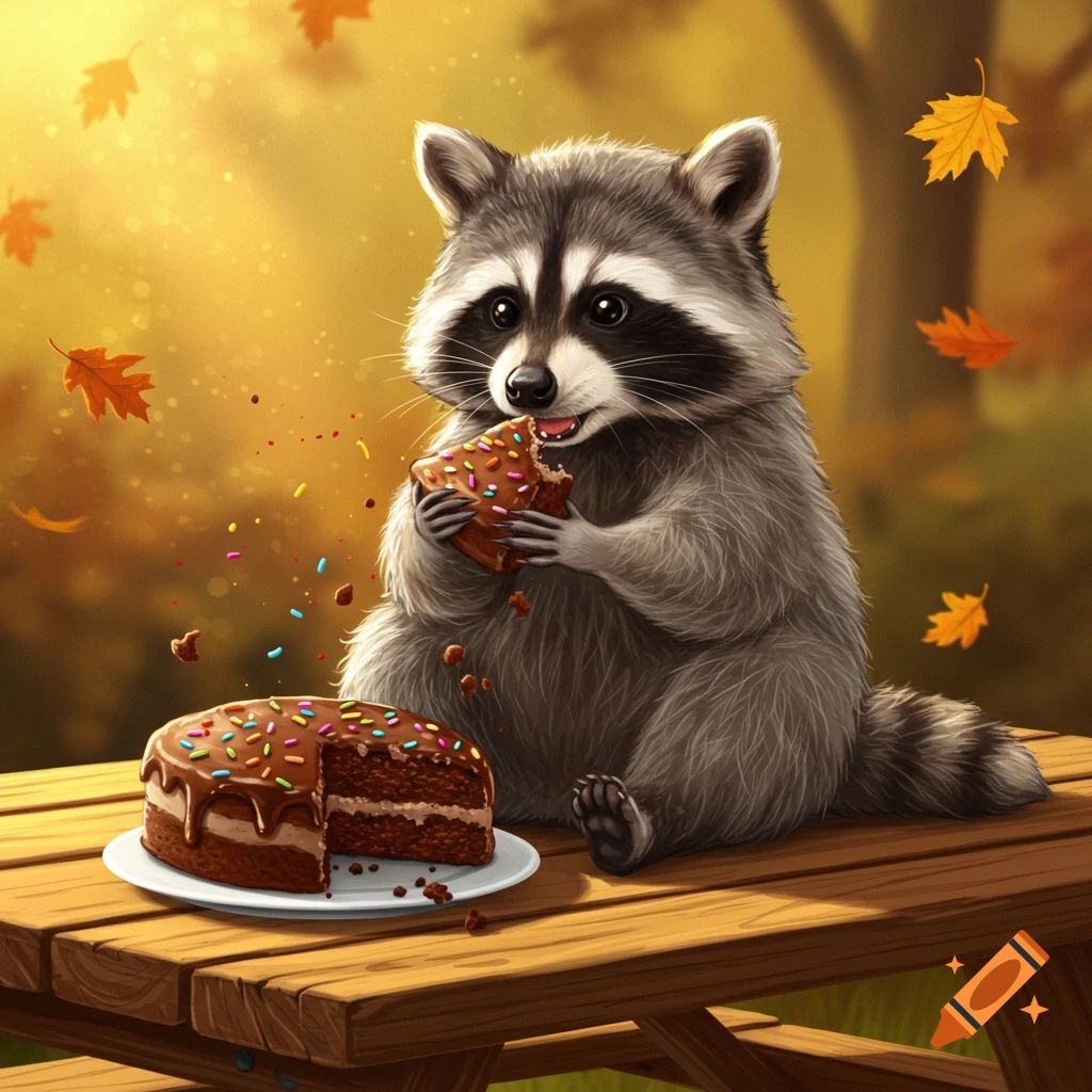 Illustrated raccoon happily eating chocolate cake on a picnic table with autumn leaves.