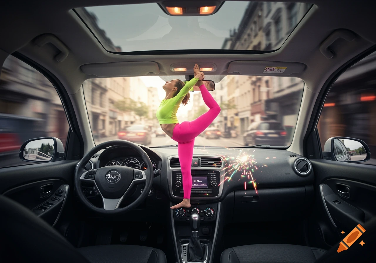 A woman in neon activewear performs a challenging yoga pose inside a car, balancing on the console with a city street visible outside.