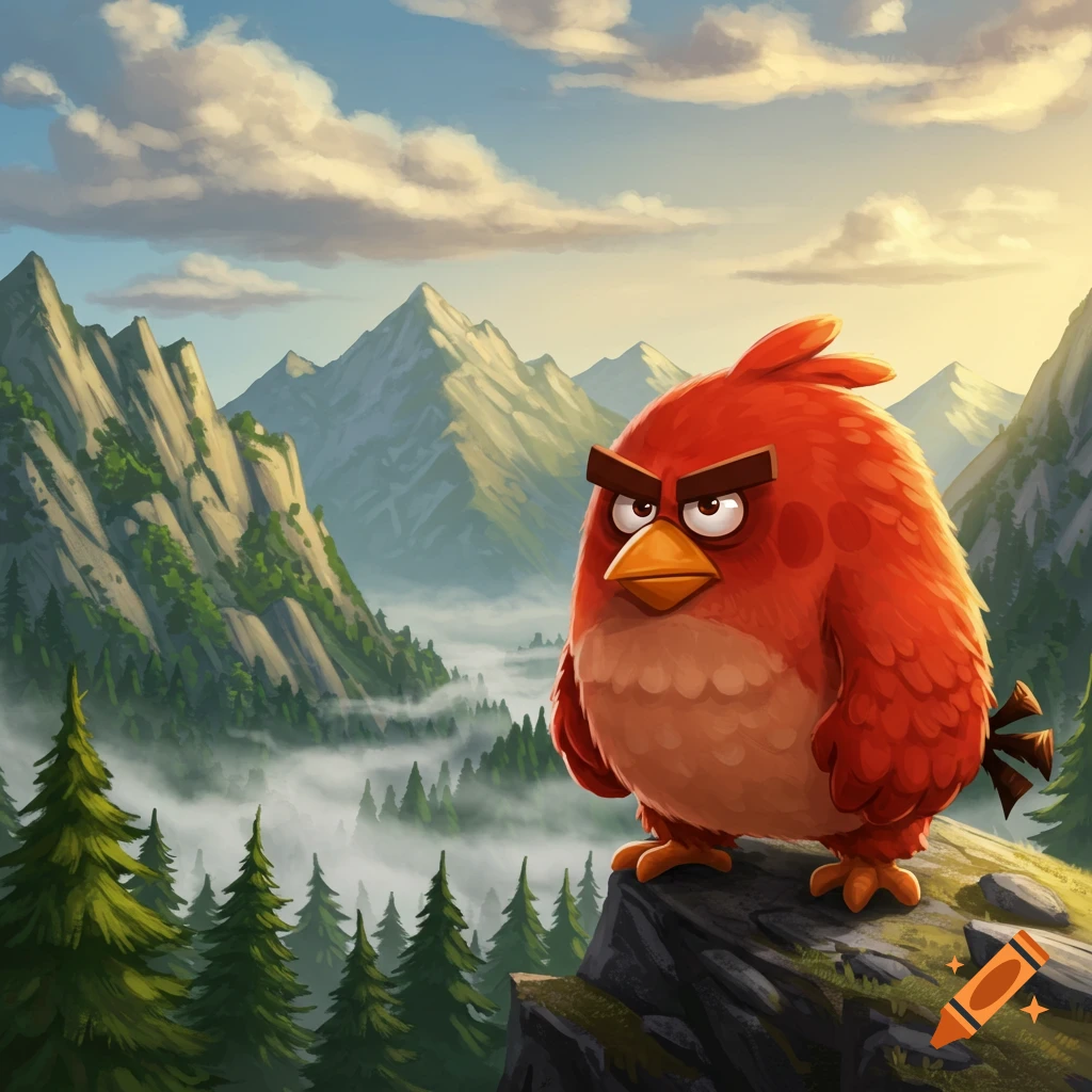 A cartoon of Red from Angry Birds standing on a rocky cliff overlooking a misty mountain valley with pine trees.