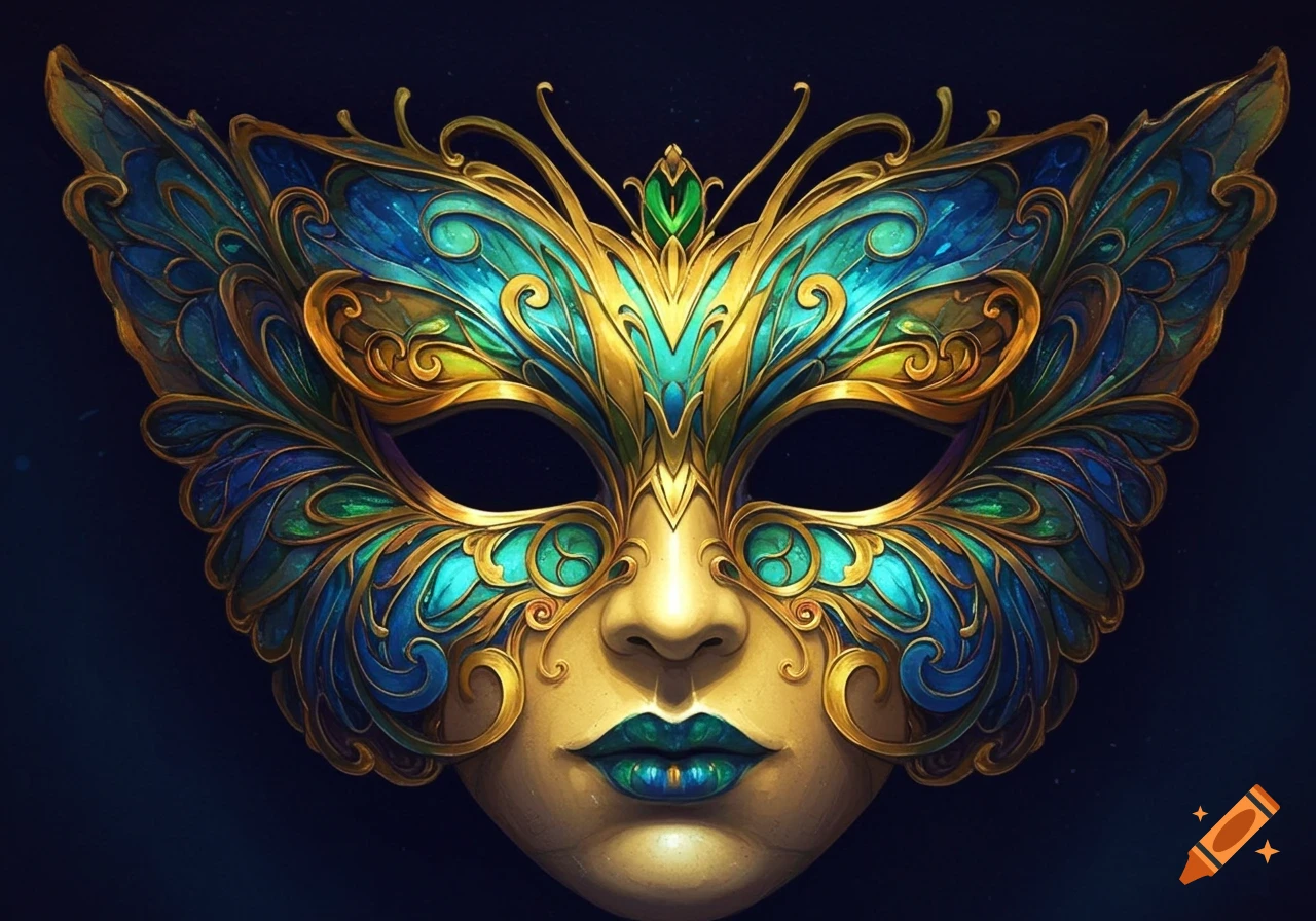 An ornate golden mask with elaborate blue and green gemstone-like patterns, resembling butterfly wings, against a dark background.