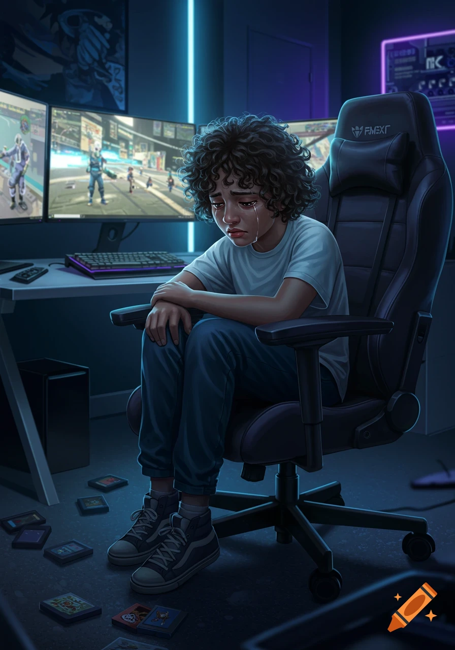 Illustrated curly-haired child crying in a gaming chair, with glowing monitors and neon lights in a dark room.