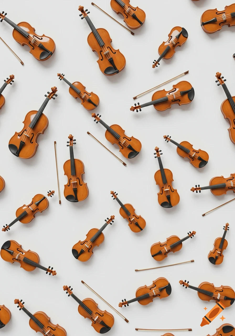 A pattern of numerous wooden violins and bows scattered across a bright white background.