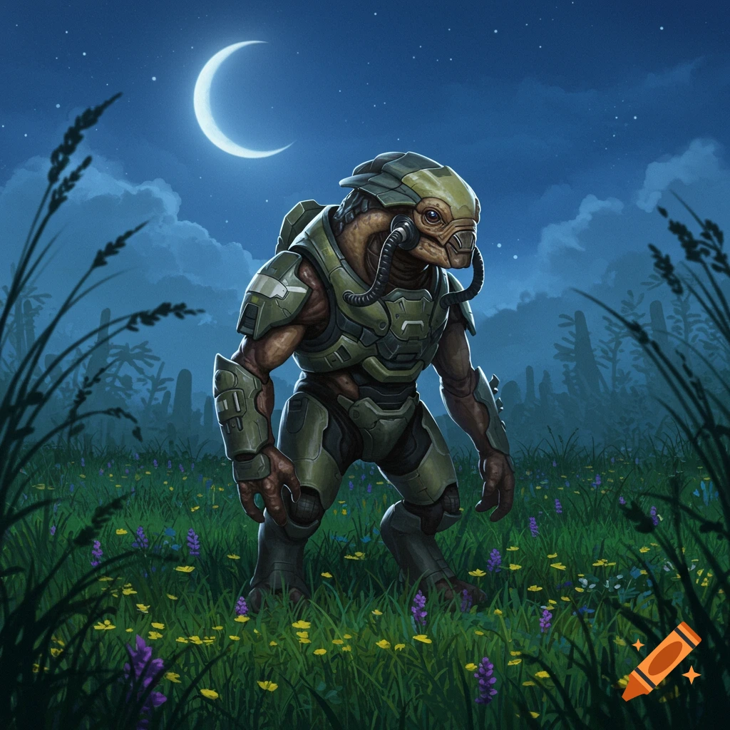 A green armored alien creature stands in a field of grass and wildflowers under a crescent moon at night. Digital illustration.