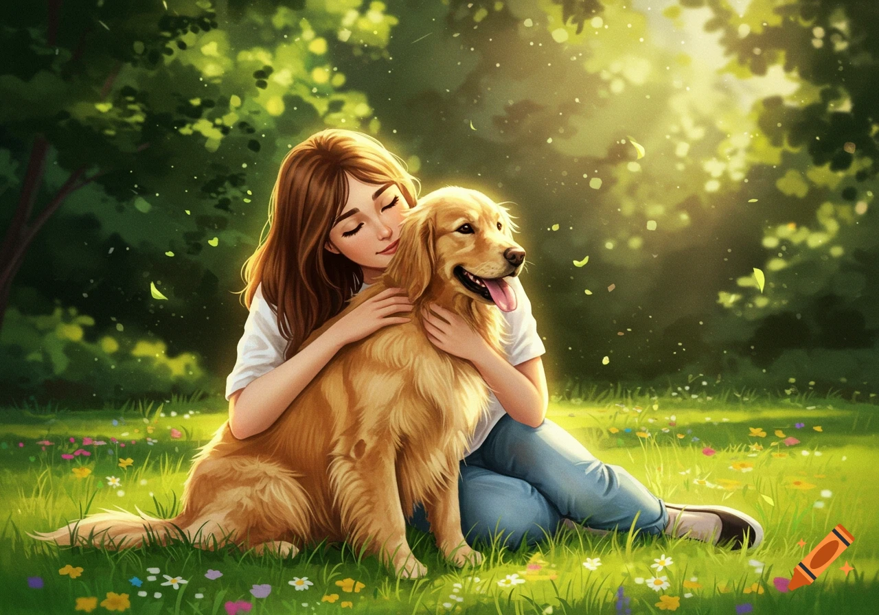 An illustrative image of a woman hugging a golden retriever in a sunny, green field with flowers and trees.