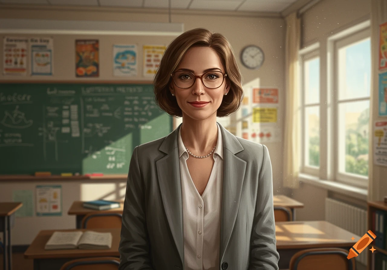 A smiling female teacher with short brown hair and glasses stands in a classroom.