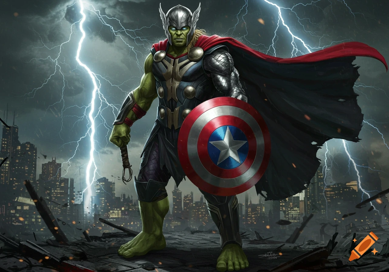 A powerful green superhero, a Hulk/Thor/Captain America fusion, stands amidst a destroyed city under lightning, holding a shield and weapon.