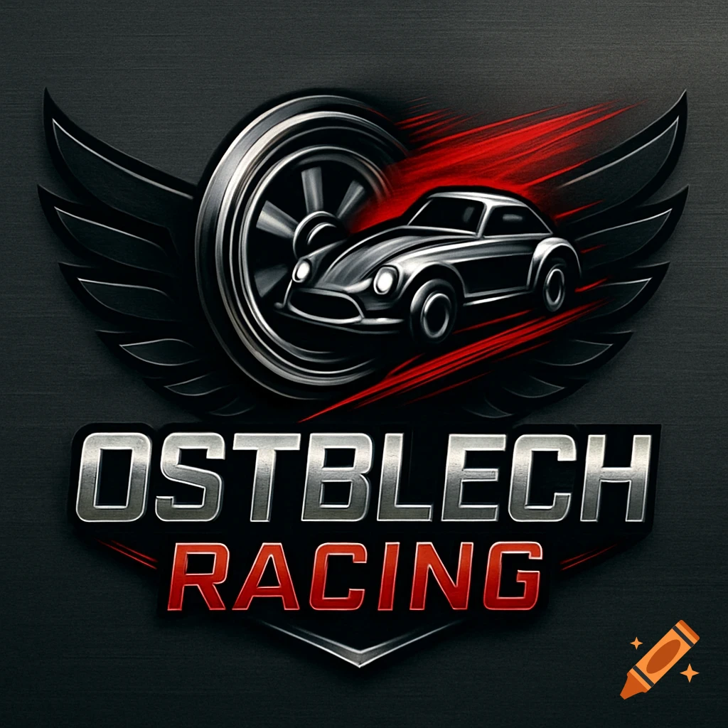 Metallic black racing logo with a vintage car, winged wheel, silver 'OSTBLECH' and red 'RACING' text.
