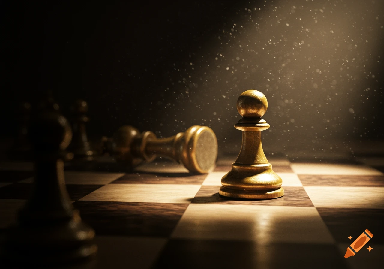 A golden chess pawn stands over a fallen king on a dark, dramatically lit chessboard.