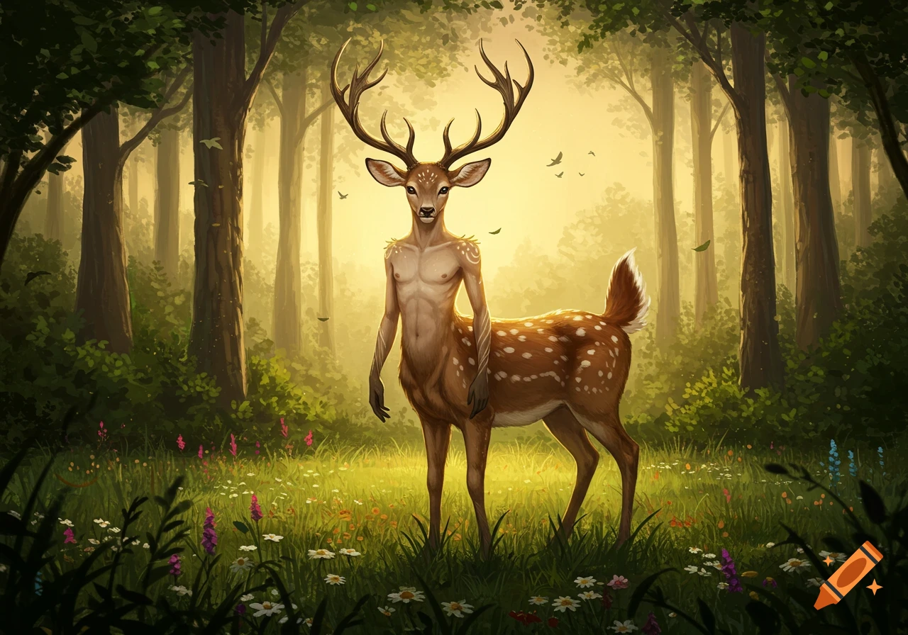 An antlered half-deer, half-human creature with a bare torso stands in a sunlit forest clearing amongst wildflowers, in a fantasy illustration style.