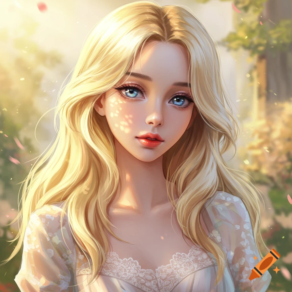 A hyperrealistic anime-style portrait of a blonde woman with blue eyes, bathed in soft sunlight amidst a dreamy outdoor background.