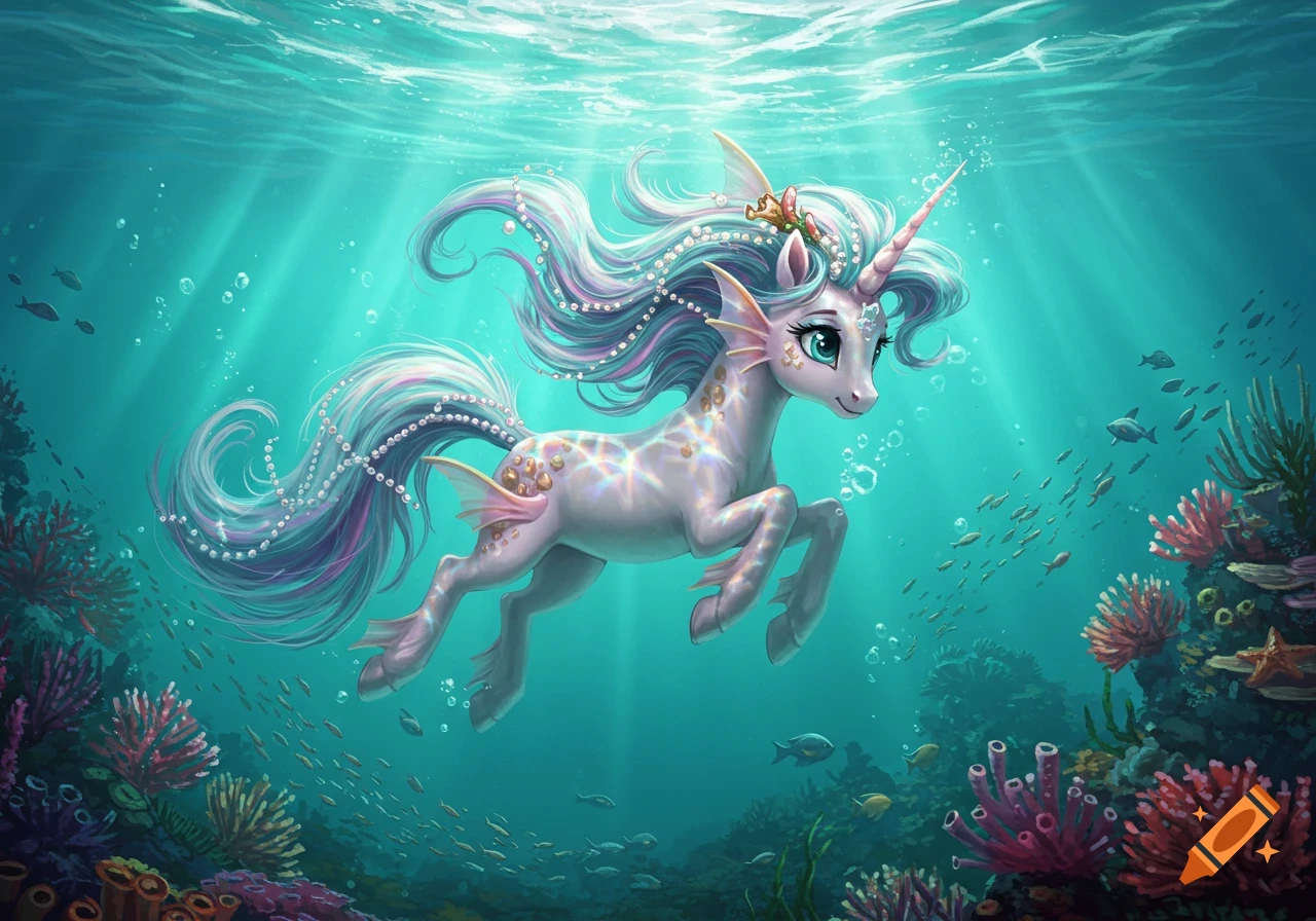 A cute cartoon mermaid-unicorn with a flowing pearlescent mane and tail swims gracefully in a vibrant coral reef under turquoise water.