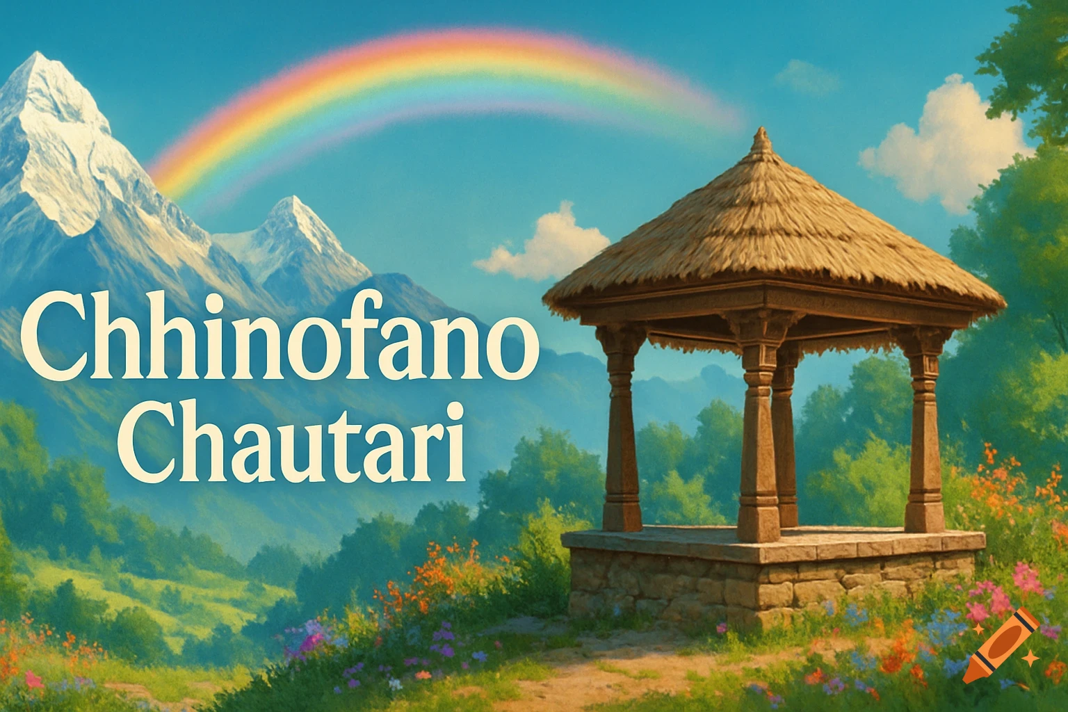 Peaceful Himalayan mountain landscape with a traditional Nepali chautari, a rainbow, and 'Chhinofano Chautari' text.