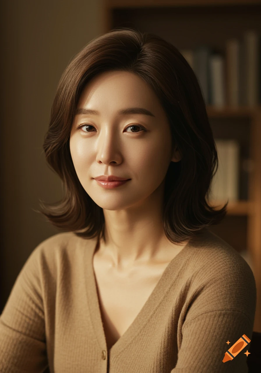 A photorealistic portrait of an elegant Korean woman with short brown hair, wearing a beige cardigan, smiling gently in warm indoor light.