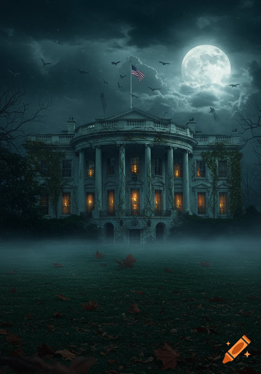 A spooky, vine-covered White House at night under a full moon, with bats, ghosts, and a foggy lawn.