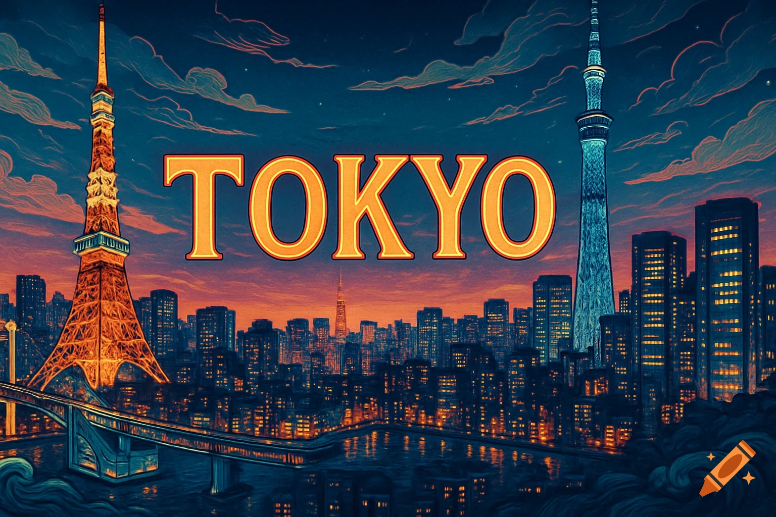 Illustrated Tokyo cityscape at night with illuminated landmarks, a bridge, and the word TOKYO in the center.