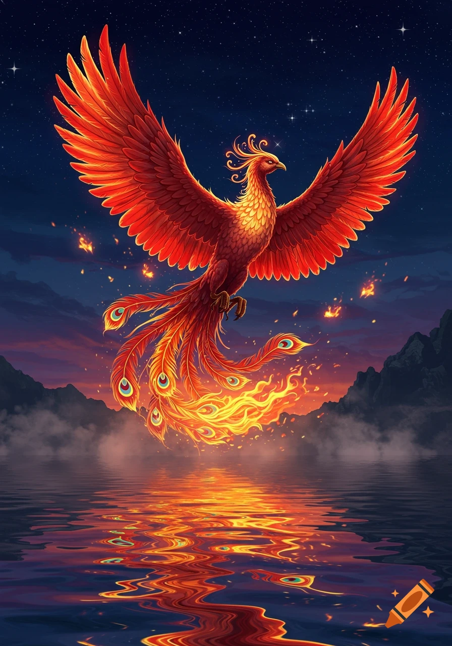 Vibrant red and orange phoenix with spread wings flies over reflective water against a starry night sky.