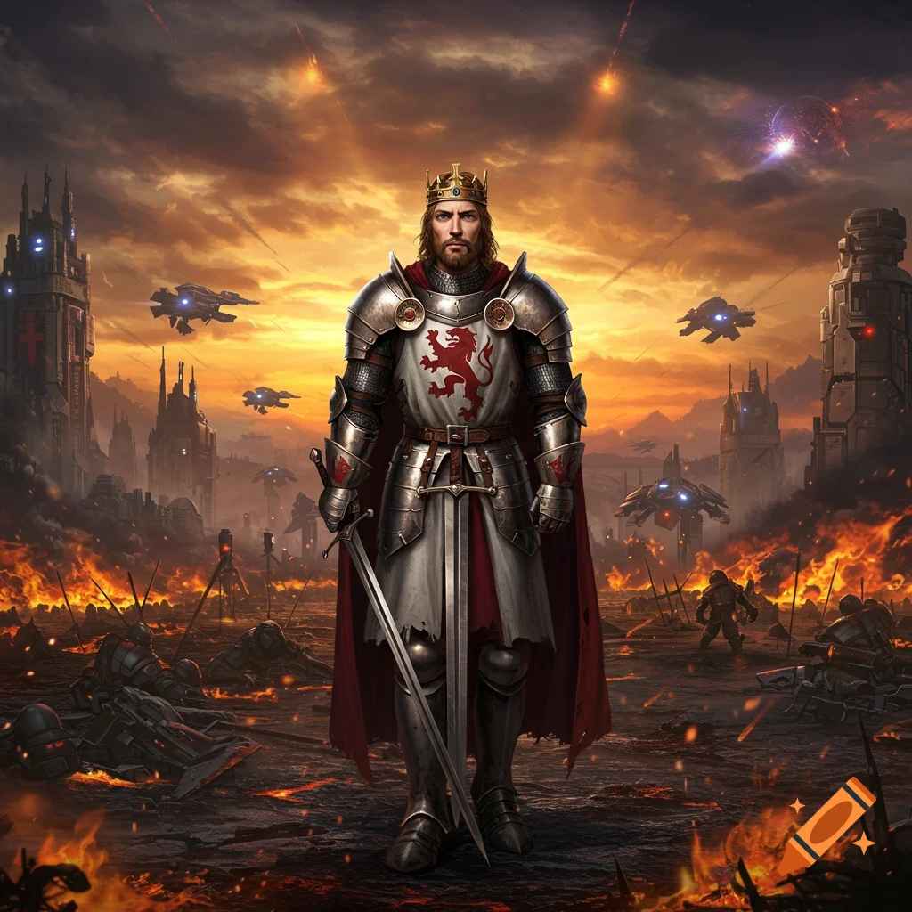 A king in medieval armor and crown stands with a sword on a burning, ruined futuristic battlefield with sci-fi vehicles flying above.