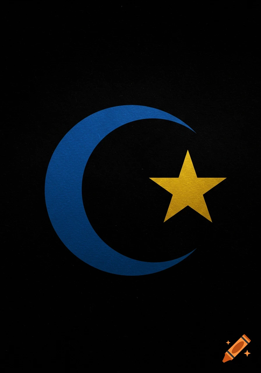 A sapphire-blue crescent moon surrounds a golden star on a black background.