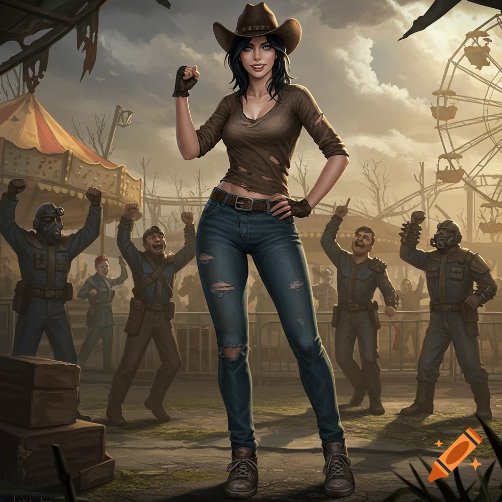 A woman in a cowboy hat, ripped shirt, and jeans stands confidently in a ruined amusement park with cheering raiders. Illustrated.