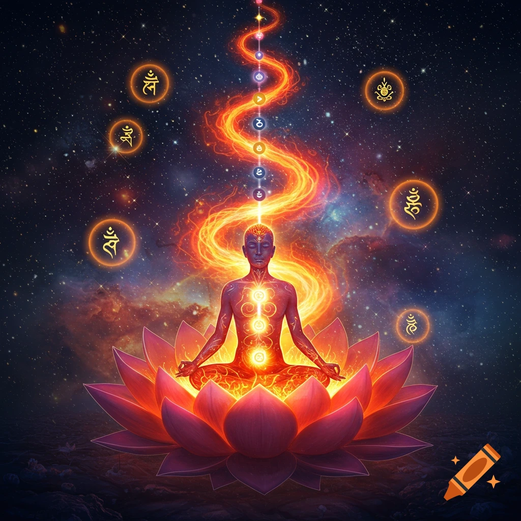 A figure meditating on a lotus flower with fiery energy flowing through glowing chakras, set against a cosmic, star-filled background with spiritual symbols.