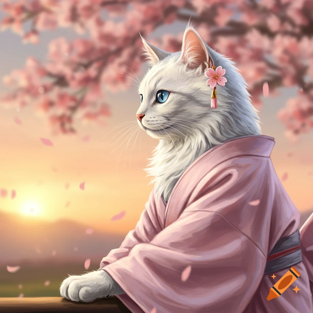 White cat in pink kimono with flower earring gazes at sunset with falling cherry blossoms.