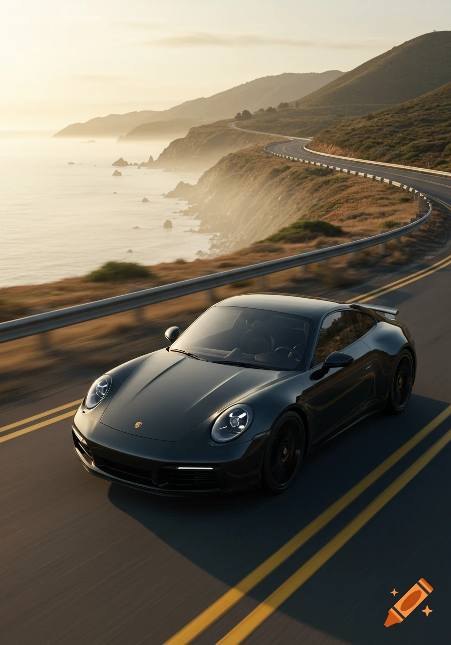 A dark grey Porsche drives along a winding coastal road at sunset, with mountains and ocean in the background.