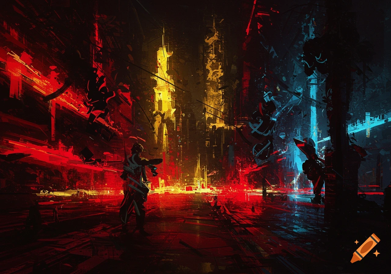 Abstract digital art of two figures in a dark, urban scene with strong red, gold, and blue contrasting light and energetic brushstrokes.