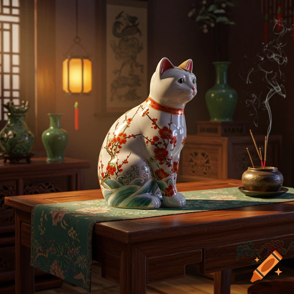 White porcelain cat statue with red plum blossoms on a wooden table with green runner in a traditional Asian room with incense.
