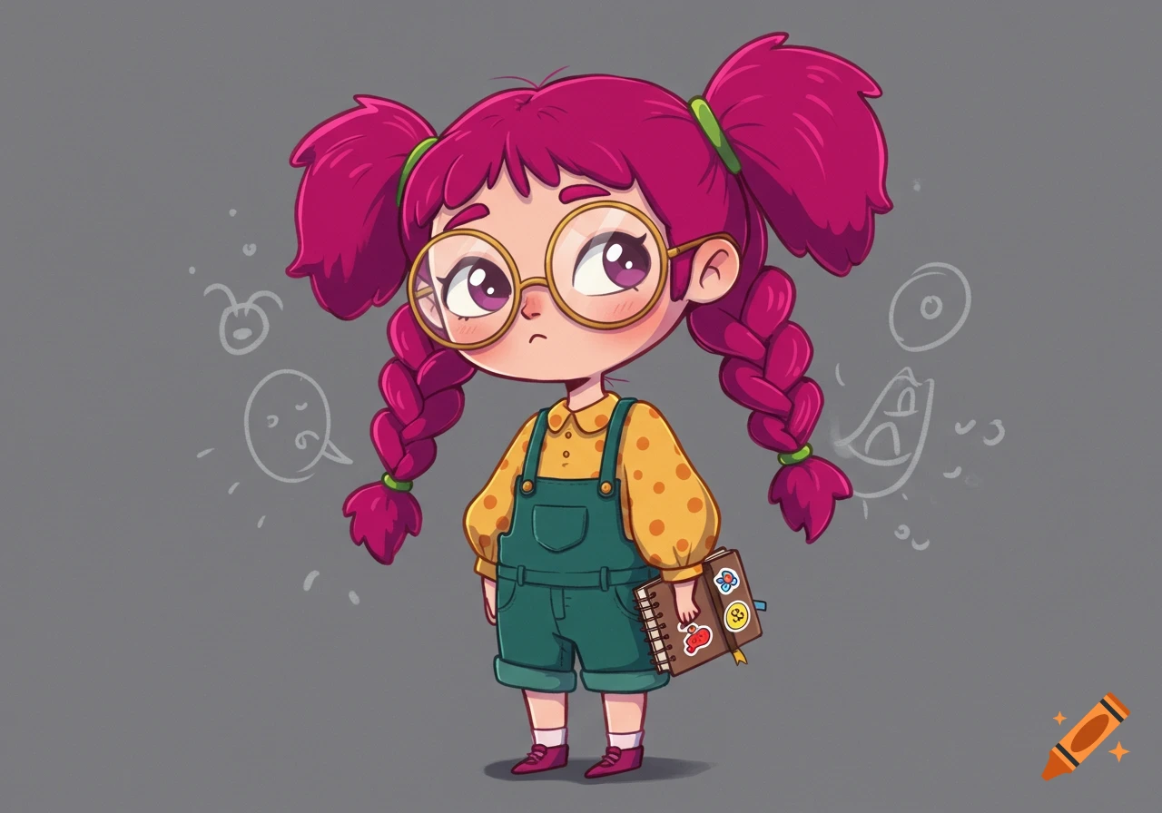 A cartoon girl with pink pigtails, glasses, and overalls holds a notebook against a grey background.