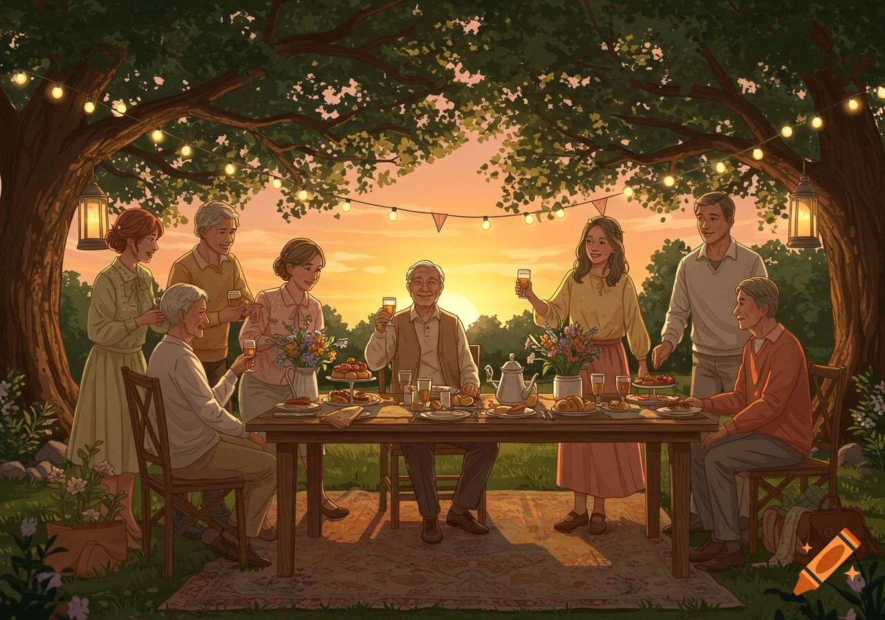An illustration of a diverse family enjoying a festive outdoor dinner under string lights at sunset.