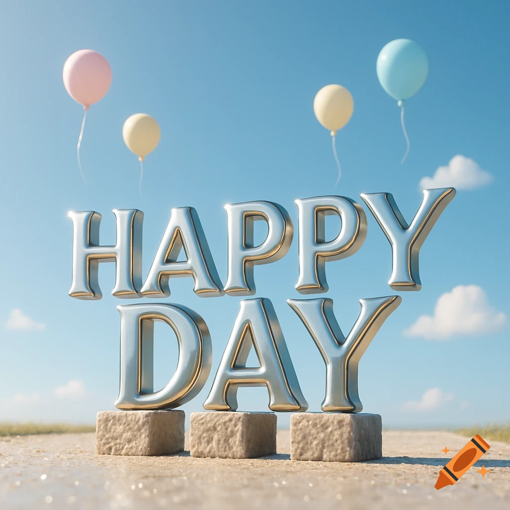 3D metallic 'HAPPY DAY' text on stone blocks with pastel balloons floating in a clear blue sky.