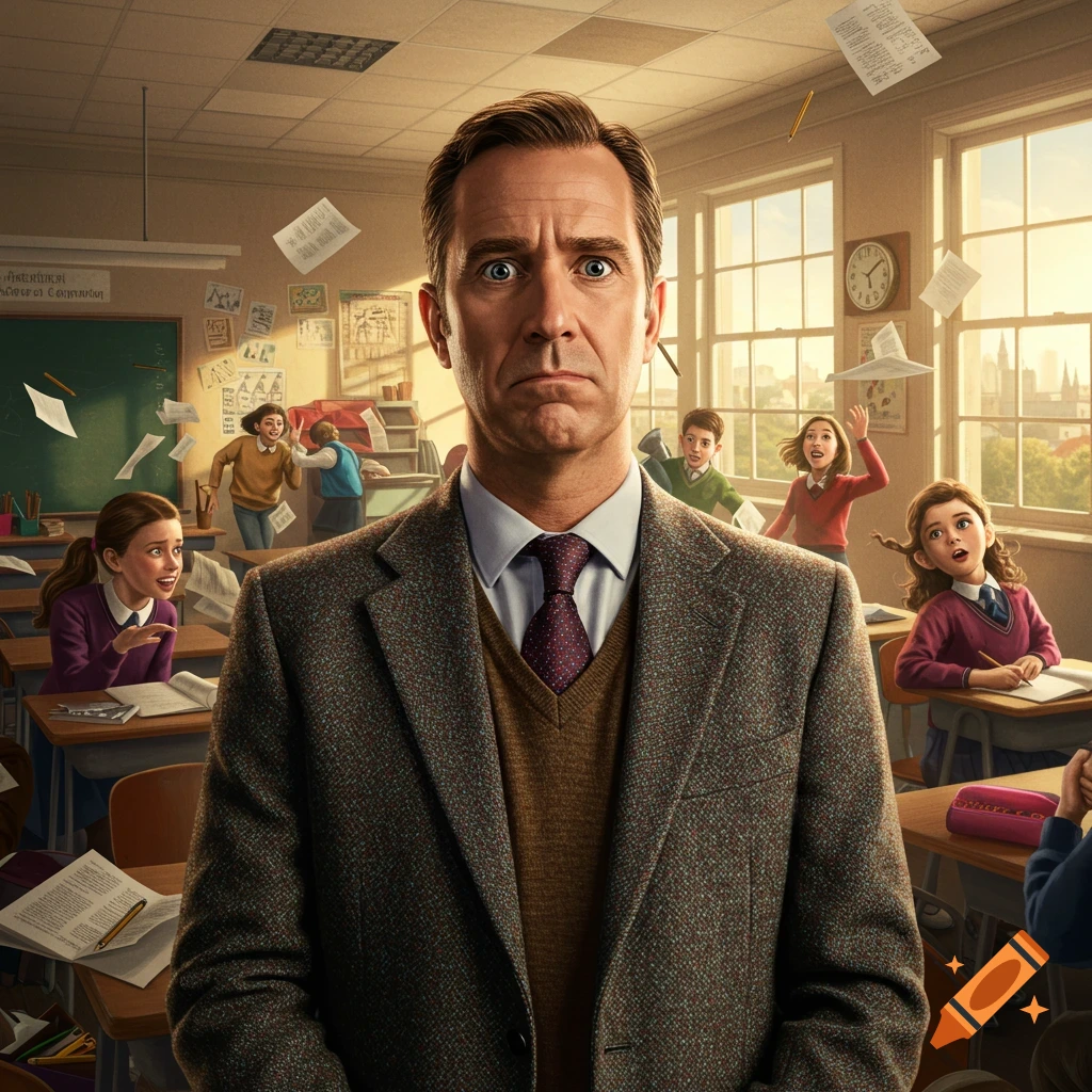 A worried male teacher stands in a chaotic classroom with misbehaving students and flying papers, photorealistic style.