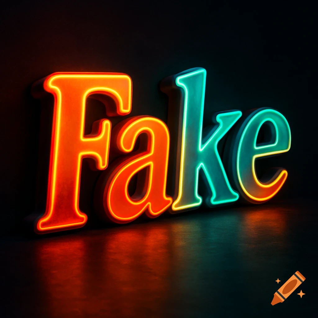 3D neon sign spelling 'Fake' in glowing orange and teal letters against a dark background with reflections.