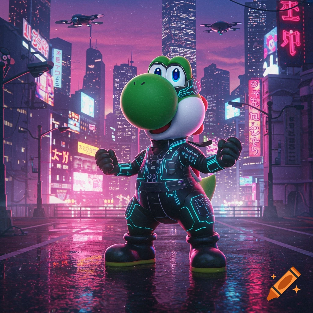 Yoshi from Mario in a black cyberpunk suit with glowing blue lines, standing on a wet street in a neon-lit futuristic city.