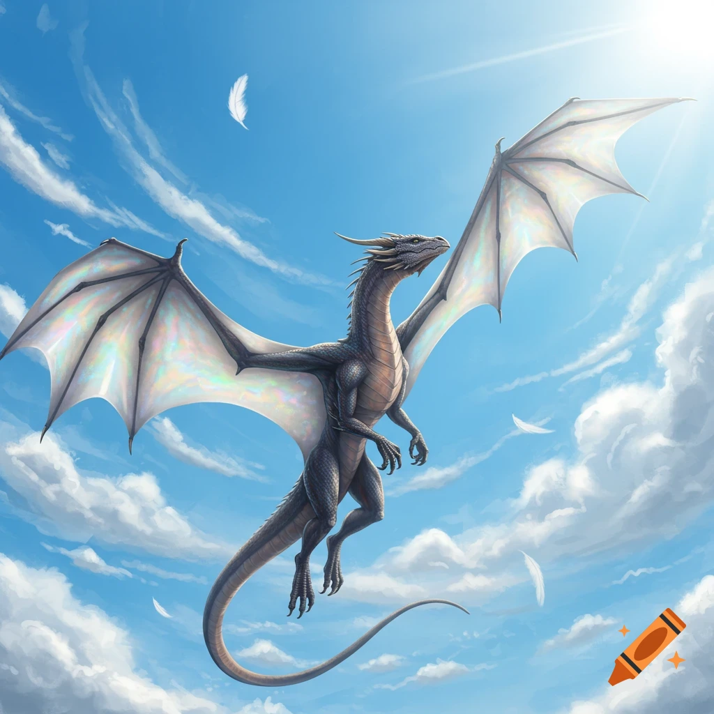 A majestic gray dragon with iridescent wings flies through a bright blue sky with white clouds and sunlight.