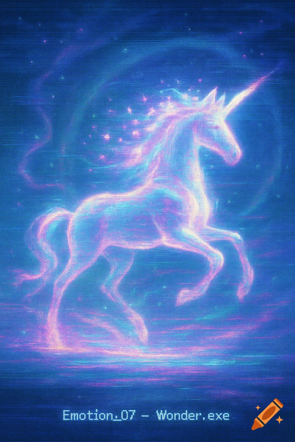 Glitch-pixel art of a glowing neon unicorn with a starry mane on a blue-purple background.