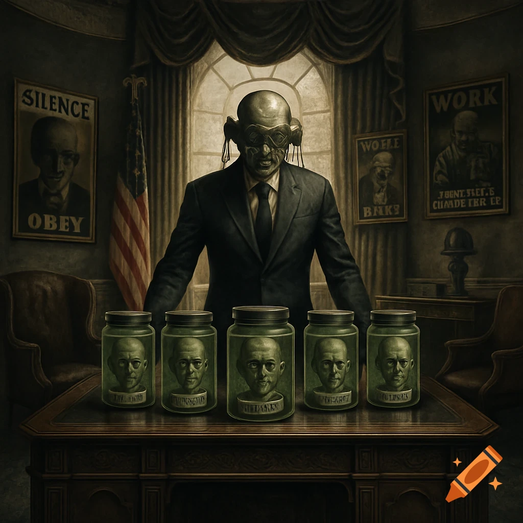 A grotesque figure in a presidential suit and mask stands behind a desk with five jars containing disembodied heads. Propaganda posters adorn the walls of a dark, ornate room.
