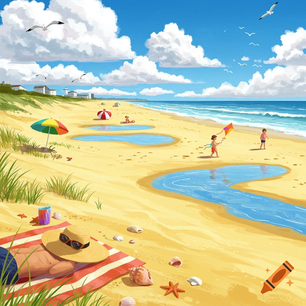Colorful illustration of a sunny beach with people relaxing, children flying a kite, and seagulls flying overhead.