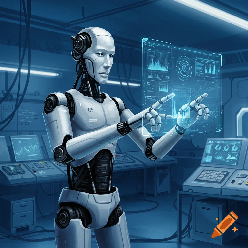 A white humanoid robot interacts with a blue holographic screen displaying data in a futuristic lab. Digital art.