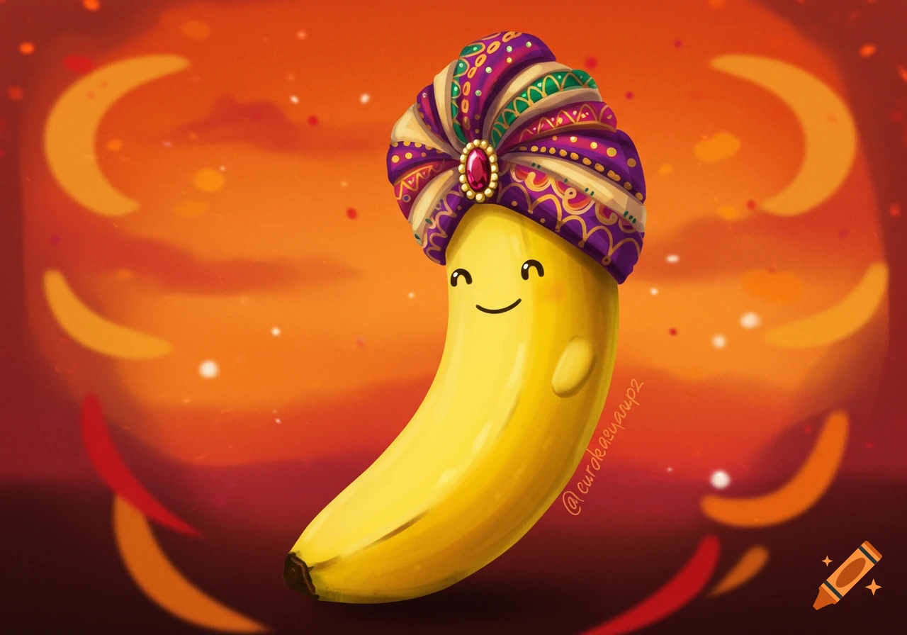 A happy cartoon banana wearing a colorful jeweled turban, smiling against an orange and red background.