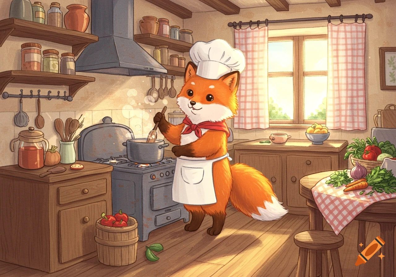 A cute cartoon fox in a chef's hat and apron stirs a pot on a stove in a rustic kitchen.