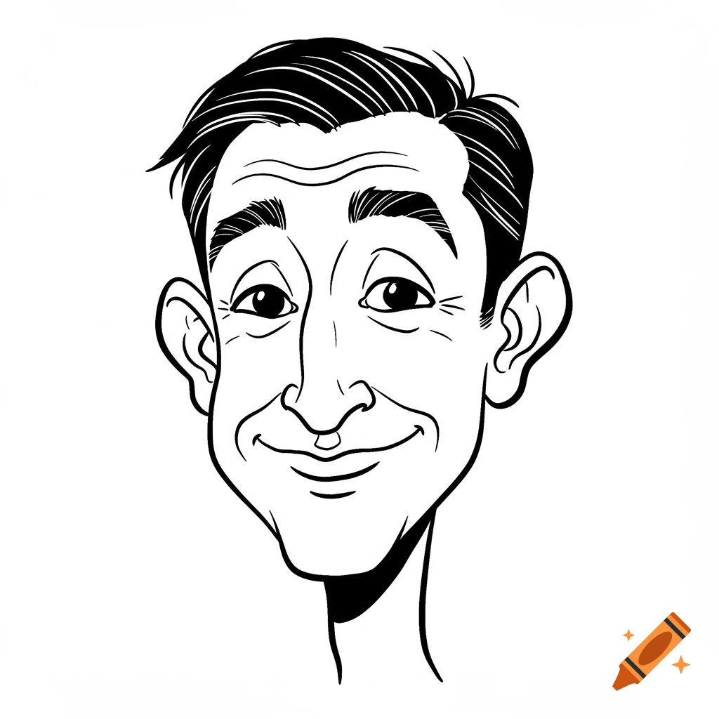 Black and white caricature drawing of a smiling man's head and neck.