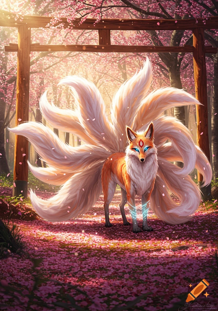 A majestic nine-tailed kitsune with glowing eyes stands in a vibrant cherry blossom forest with a torii gate.