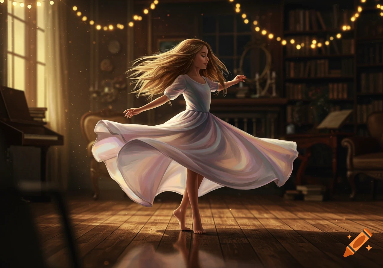 A young girl in a flowing dress twirls barefoot on a wooden floor in a warmly lit, whimsical room adorned with string lights.