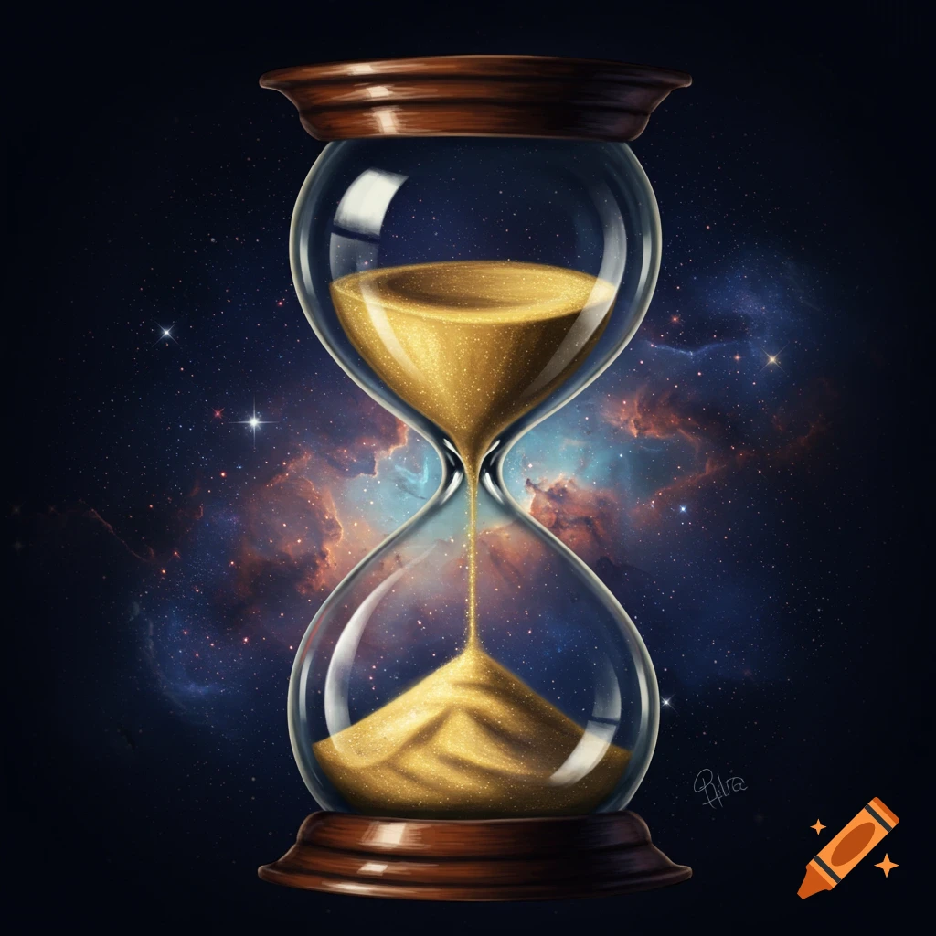 A shimmering golden hourglass with wooden caps stands against a vibrant cosmic nebula and starry dark blue sky.