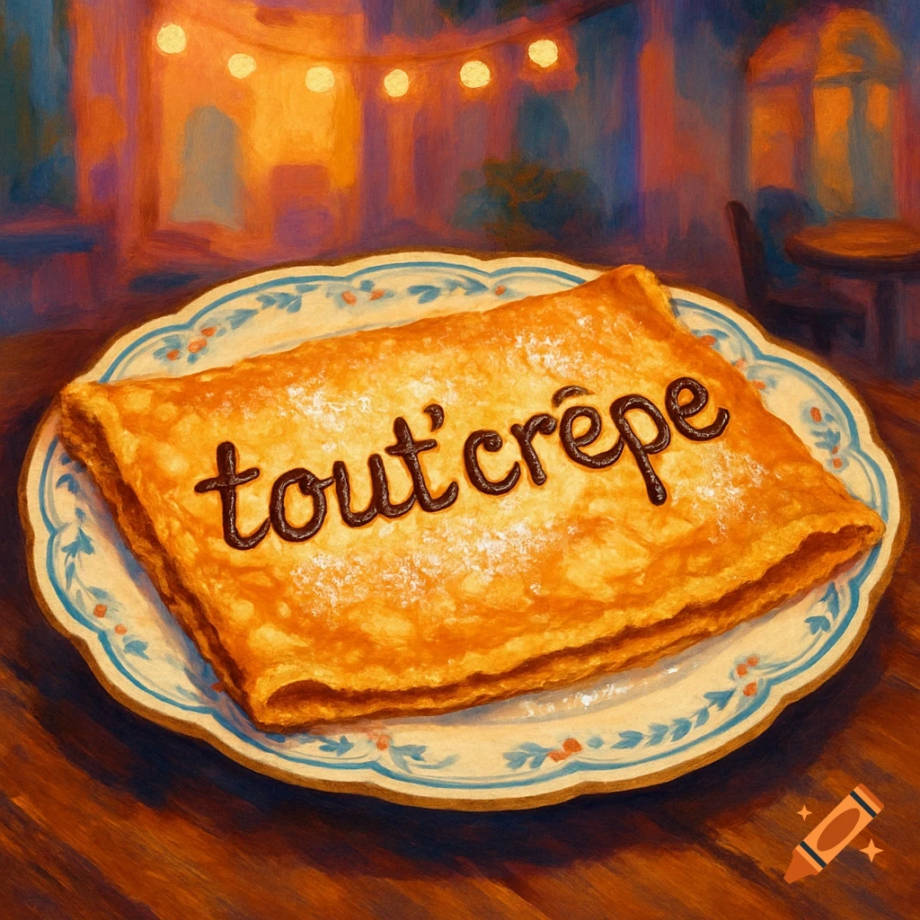Painterly image of a crepe with 'tout'crêpe' in chocolate, on a decorative plate in a warm cafe setting.